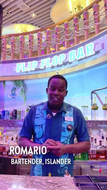 A bartender at the Margaritaville Islander's flip-flop bar demonstrates how to make a margarita with tequila, triple sec, and lime.